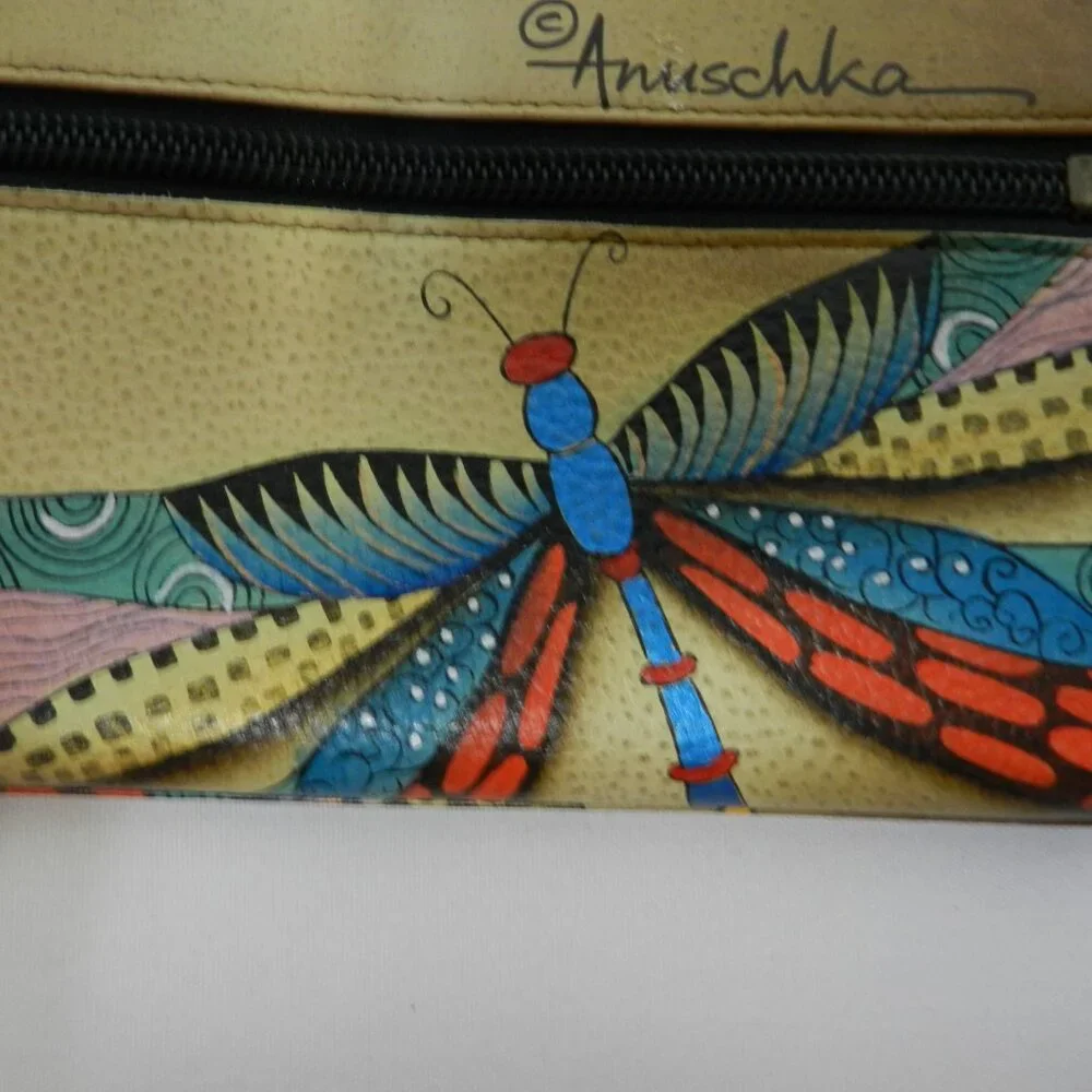 Anuschka Leather Butterfly clutch Zip around Hand painted wallet 8.5